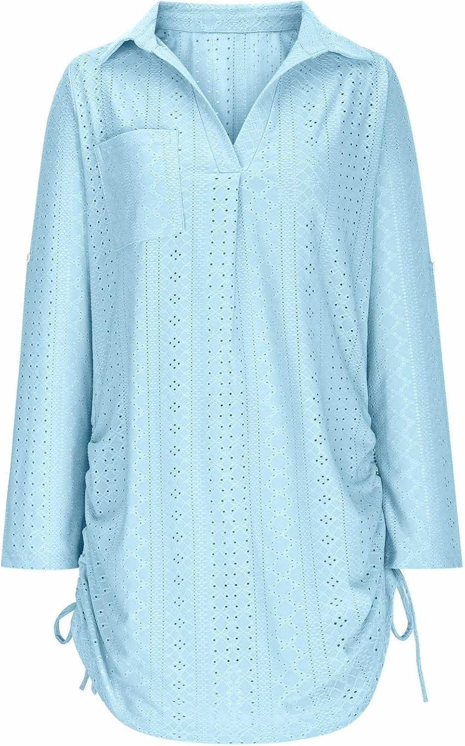 Summer Eyelet Beach Cover Up Dress for Women Lapel V Neck Roll Up Long Sleeve Drawstring Side Ruched Short Mini Dresses