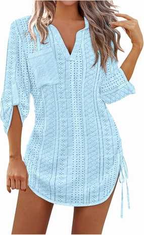 Summer Eyelet Beach Cover Up Dress for Women Lapel V Neck Roll Up Long Sleeve Drawstring Side Ruched Short Mini Dresses