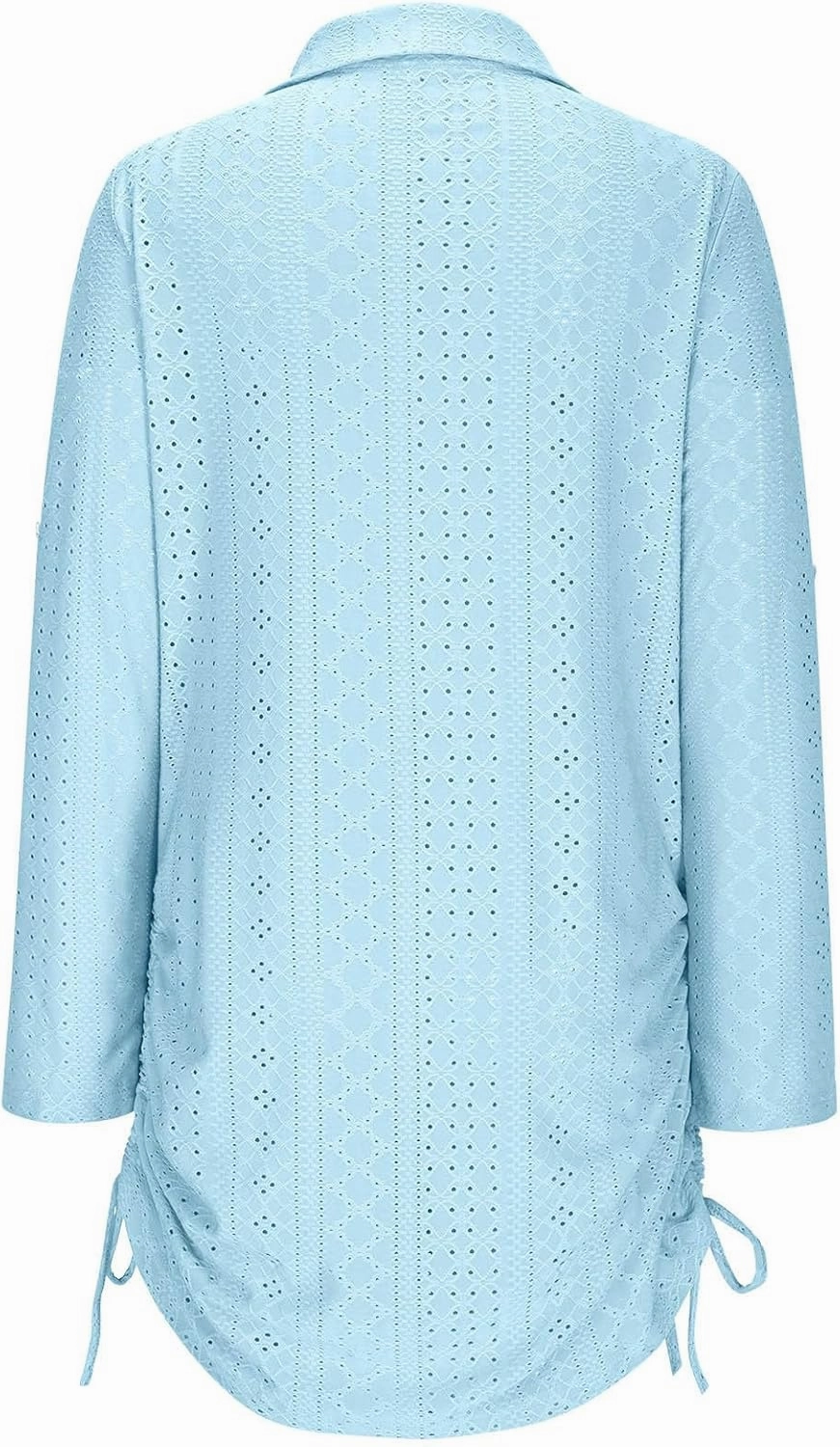 Summer Eyelet Beach Cover Up Dress for Women Lapel V Neck Roll Up Long Sleeve Drawstring Side Ruched Short Mini Dresses