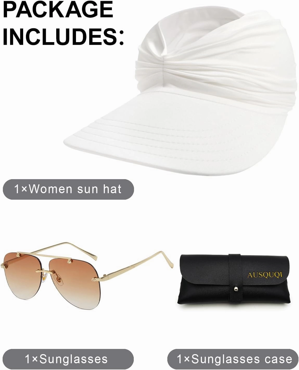 Sun Visor Hat & Oversized Aviator Sunglasses Set – Women's Foldable No Headache Sun Hat, Fashion Sunglasses