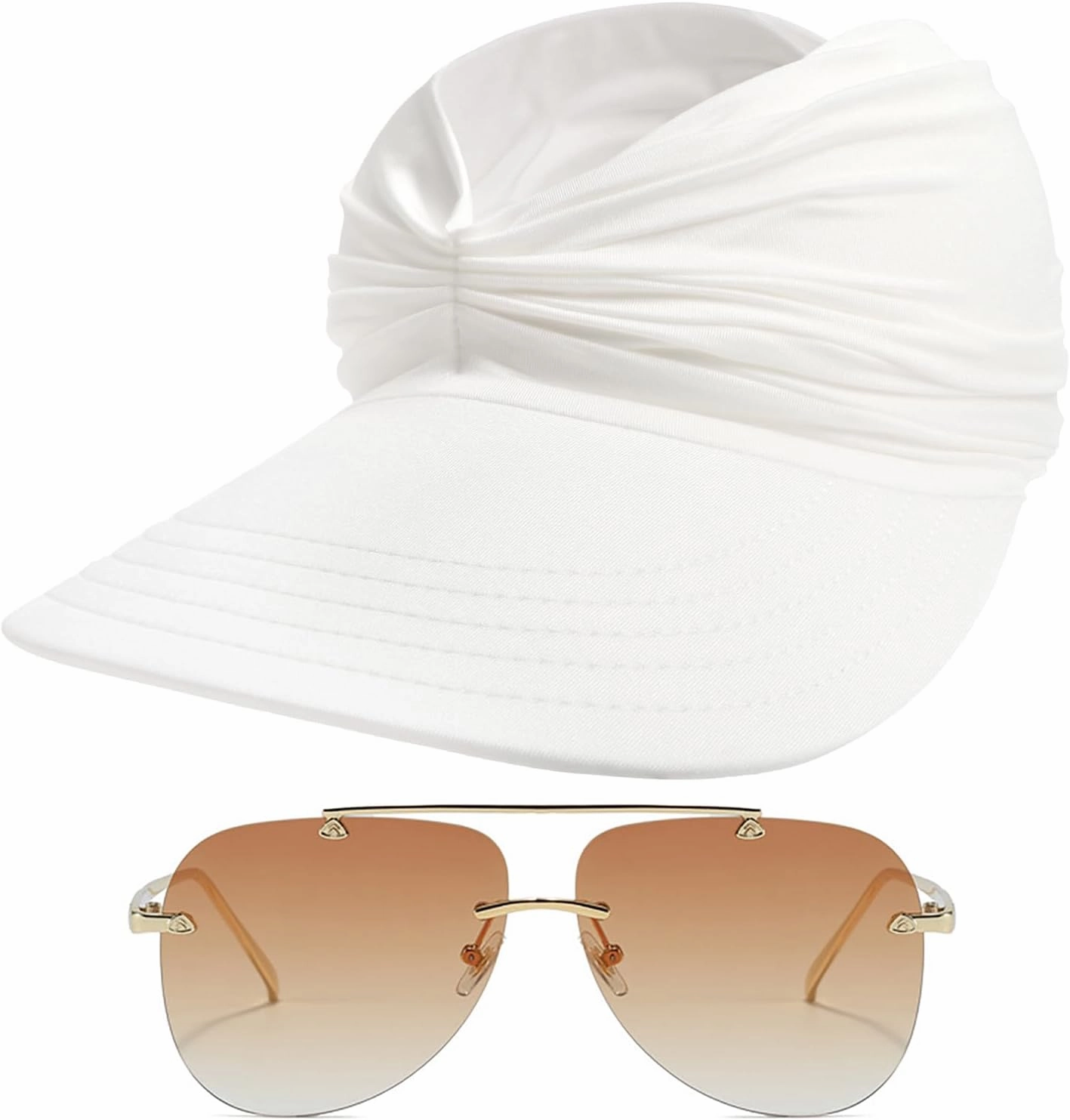 Sun Visor Hat & Oversized Aviator Sunglasses Set – Women's Foldable No Headache Sun Hat, Fashion Sunglasses