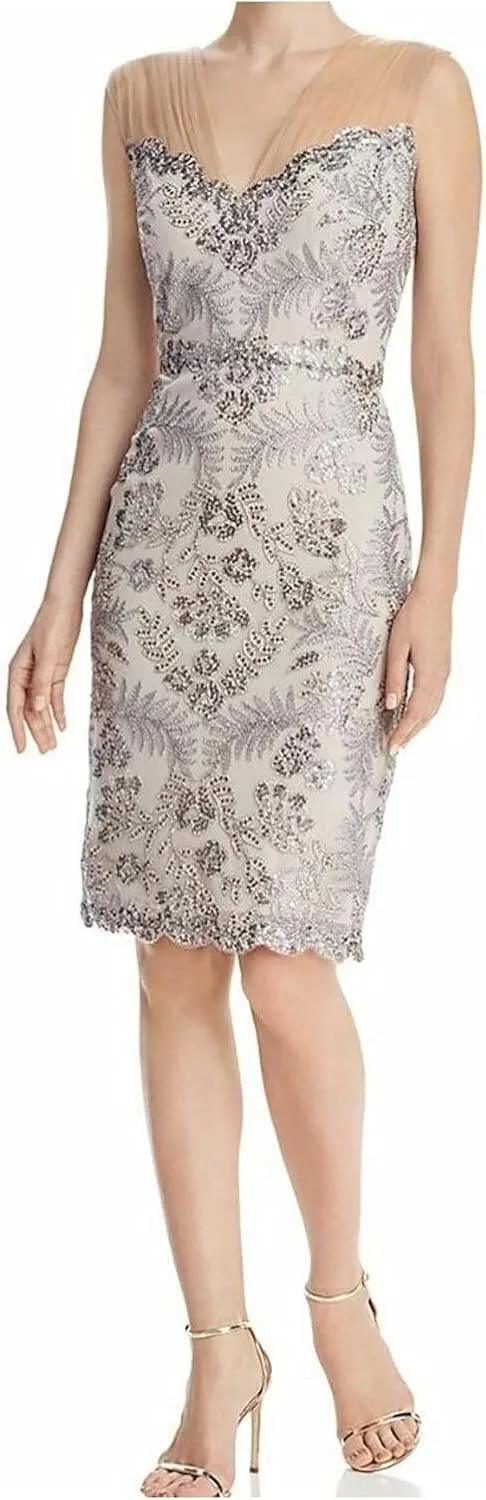 Tadashi Shoji Womens Pink Zippered Metallic Embroidery Floral Sleeveless Illusion Neckline Above The Knee Party Sheath Dress 8
