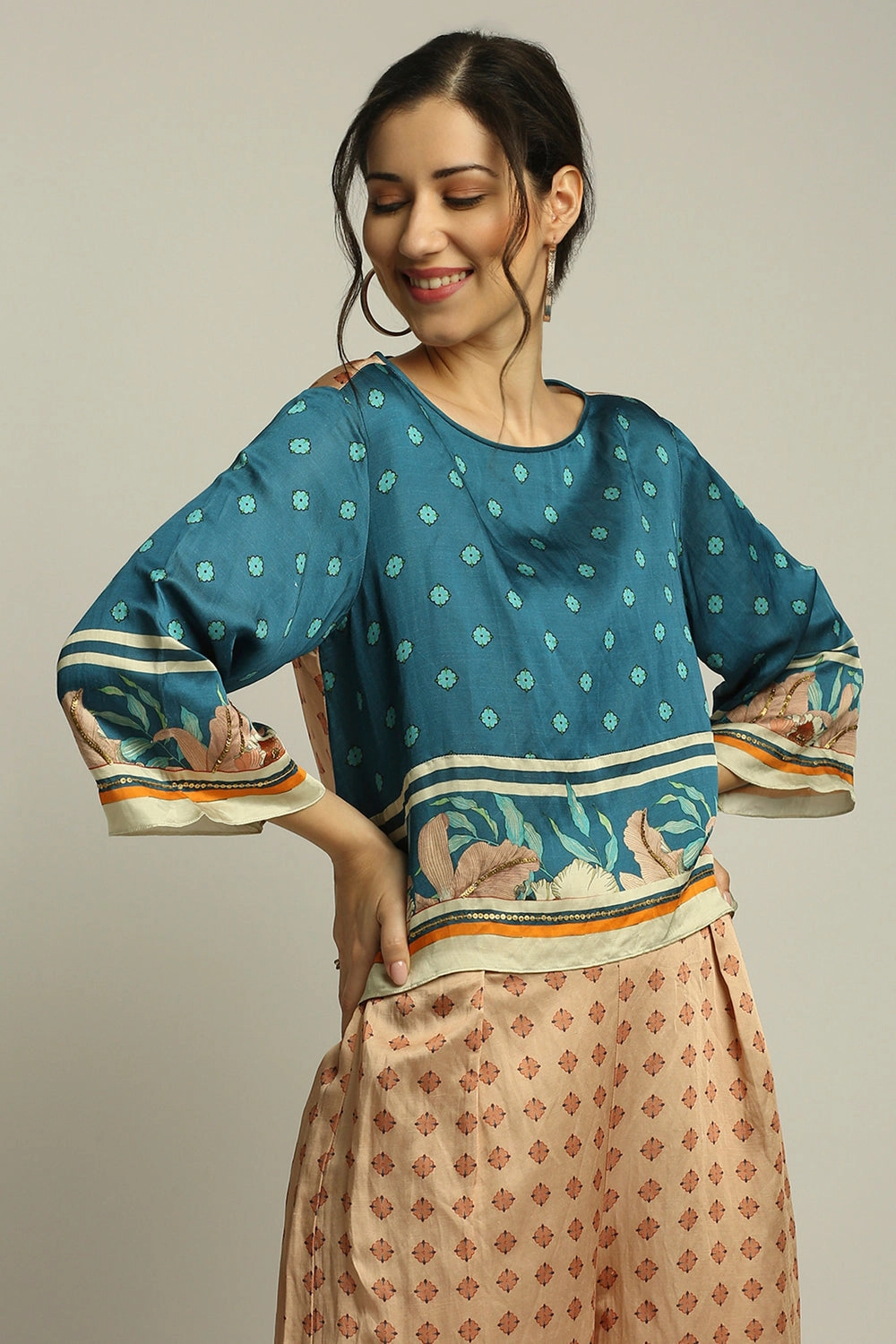 Teal Blue Orchid Bloom Printed Co-Ord Set