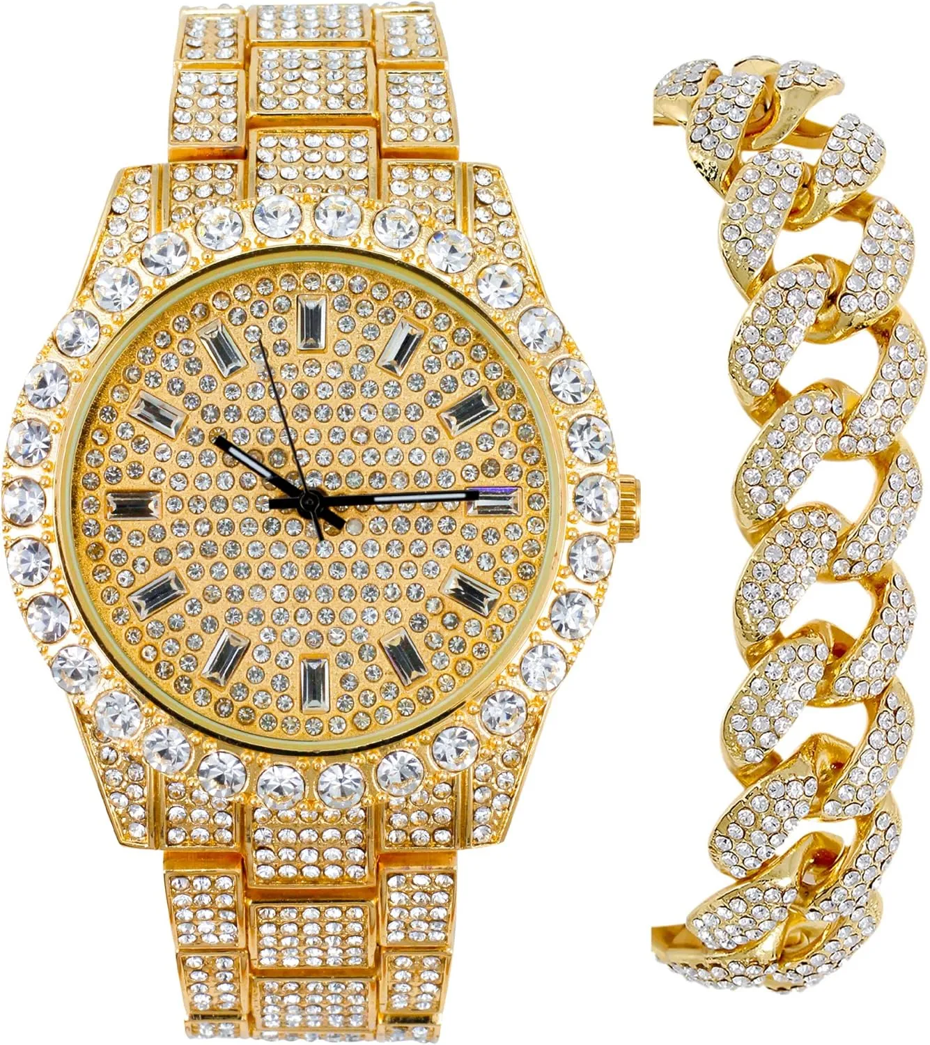 Techno Pave Mens Fully Iced Diamond Metal Band Watch & Bracelet Set - Gold Baguette Dial & Big Cuban Bracelet