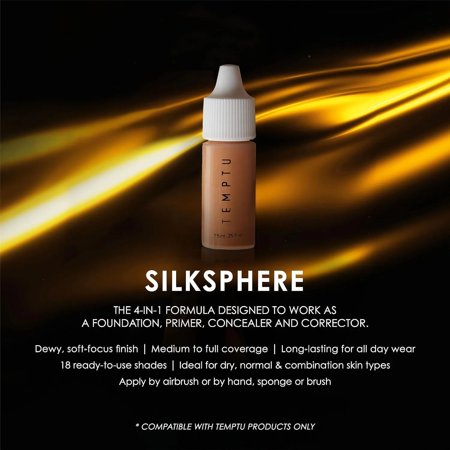TEMPTU SilkSphere Airbrush Foundation: Long-Lasting Liquid Makeup, Medium to Full Coverage, 4-In-1 Formula Foundation, Primer, Concealer & Correcto, Luminous, Dewy Finish, Available in 18 Shades