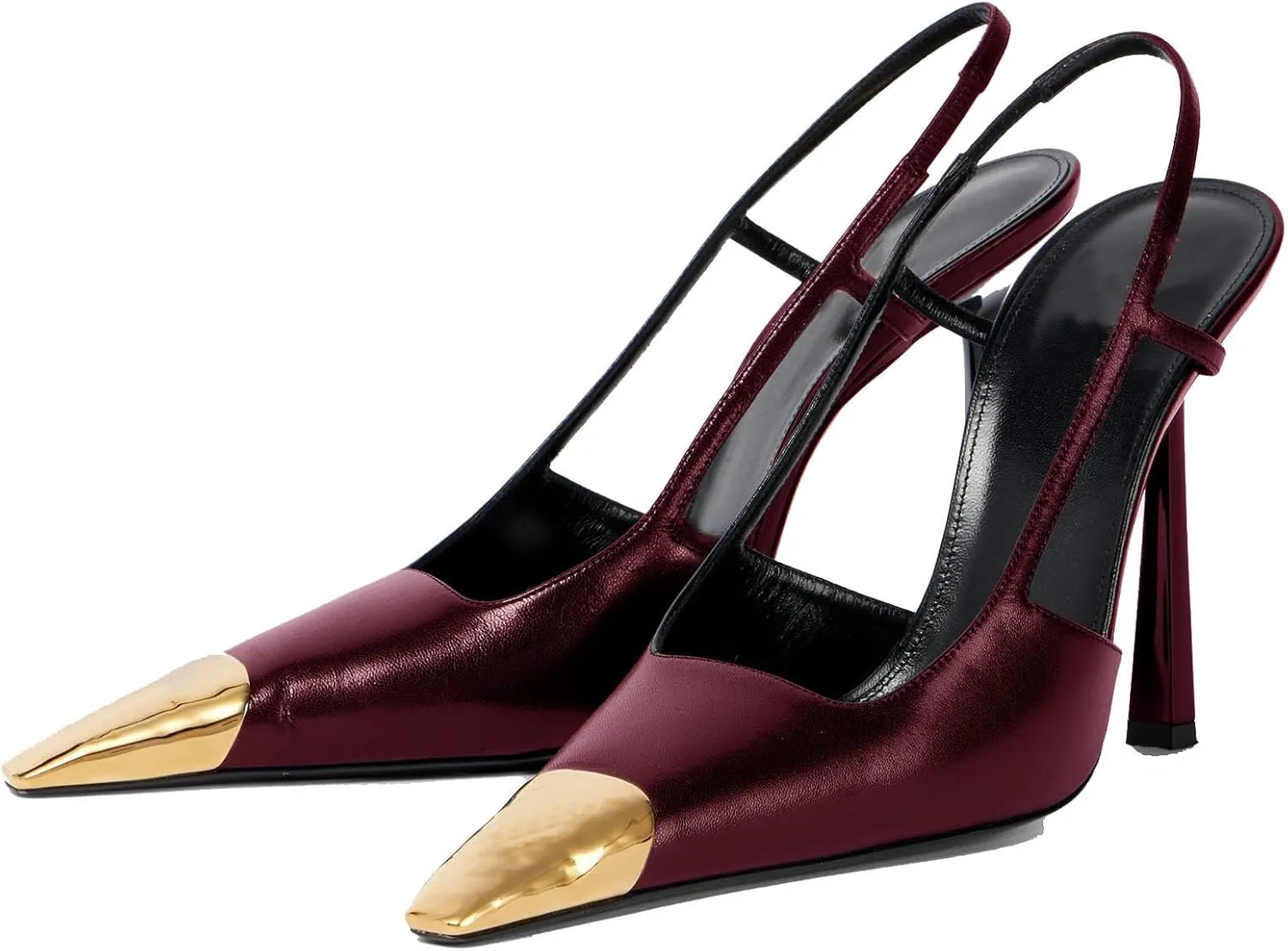 THESHY Womens Slingback High Heels Metal Pointed Toe Leather High Stiletto Heel Pumps Slip on Elastic Strap Fashion Dress Shoes for Women