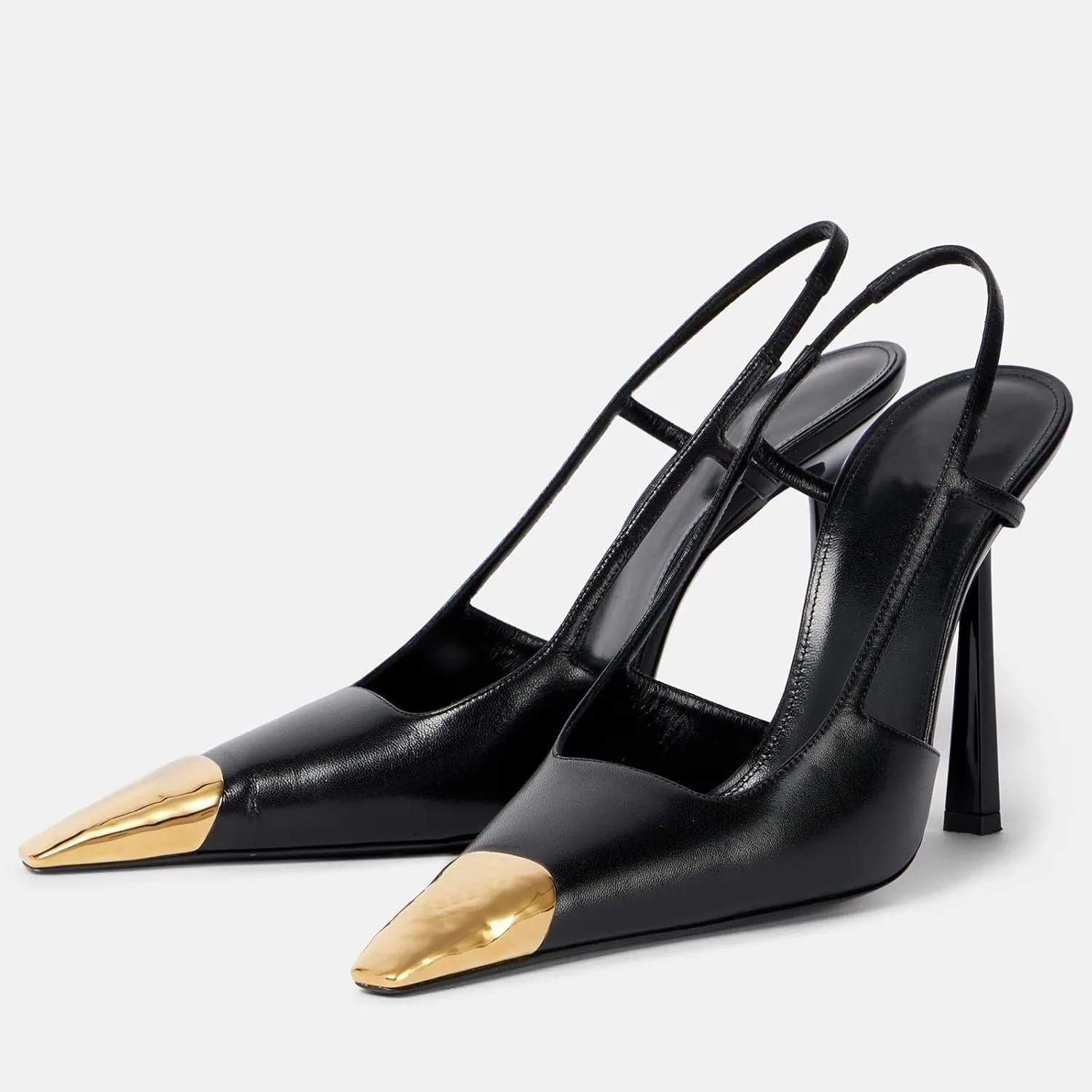 THESHY Womens Slingback High Heels Metal Pointed Toe Leather High Stiletto Heel Pumps Slip on Elastic Strap Fashion Dress Shoes for Women