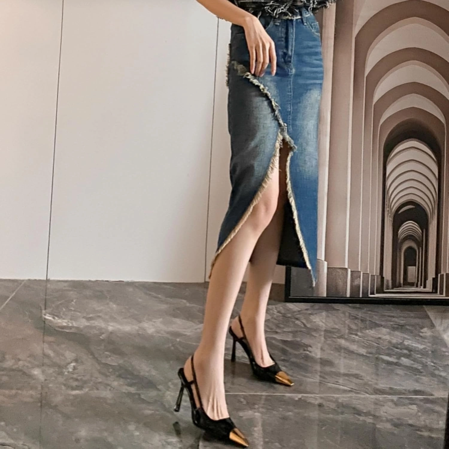 THESHY Womens Slingback High Heels Metal Pointed Toe Leather High Stiletto Heel Pumps Slip on Elastic Strap Fashion Dress Shoes for Women