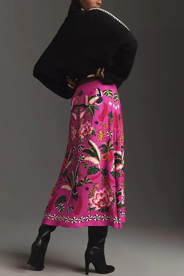THLAI Womens Skirt Midi Skirt Tropical Plant Print Pink Zipper A-Line Long Skirts Spring Summer Skirt Floral