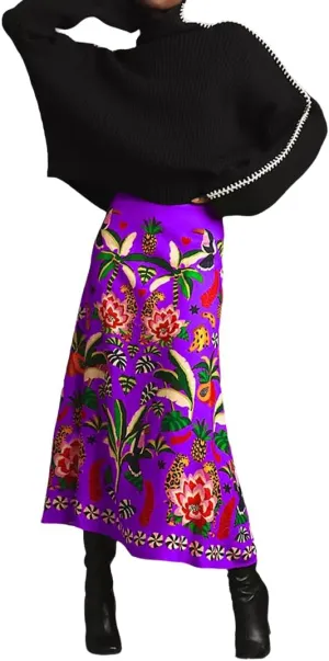 THLAI Womens Skirt Midi Skirt Tropical Plant Print Pink Zipper A-Line Long Skirts Spring Summer Skirt Floral