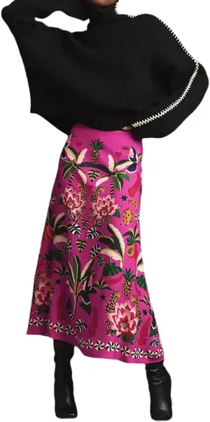 THLAI Womens Skirt Midi Skirt Tropical Plant Print Pink Zipper A-Line Long Skirts Spring Summer Skirt Floral