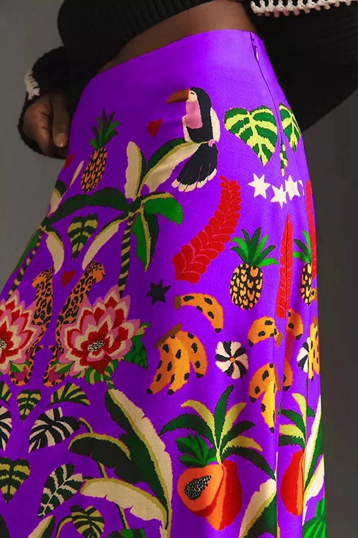 THLAI Womens Skirt Midi Skirt Tropical Plant Print Pink Zipper A-Line Long Skirts Spring Summer Skirt Floral