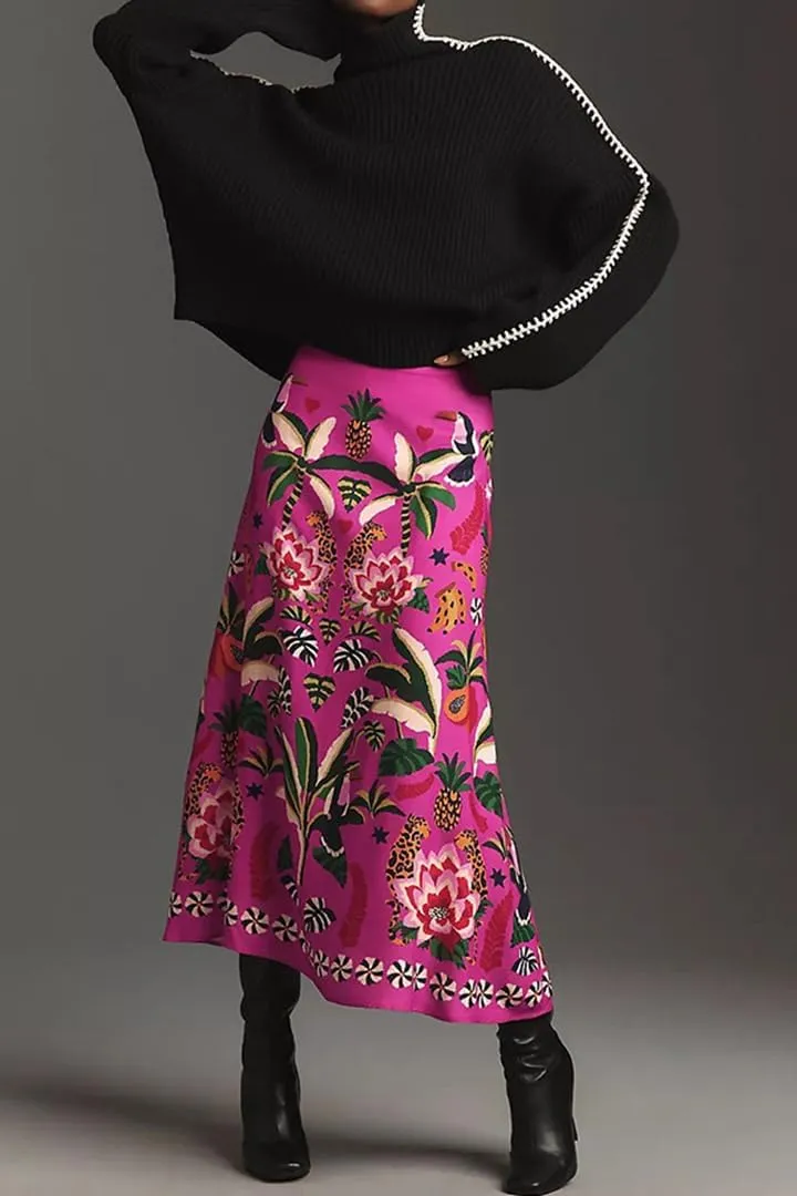 THLAI Womens Skirt Midi Skirt Tropical Plant Print Pink Zipper A-Line Long Skirts Spring Summer Skirt Floral