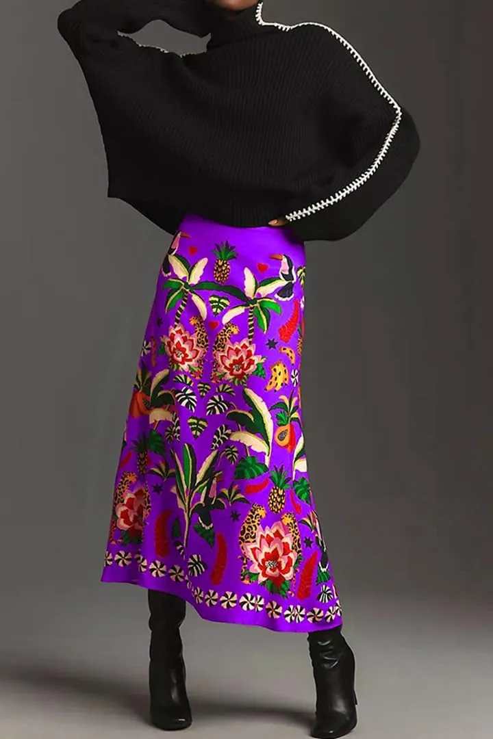 THLAI Womens Skirt Midi Skirt Tropical Plant Print Pink Zipper A-Line Long Skirts Spring Summer Skirt Floral