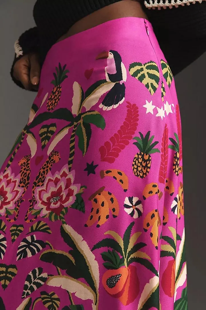 THLAI Womens Skirt Midi Skirt Tropical Plant Print Pink Zipper A-Line Long Skirts Spring Summer Skirt Floral
