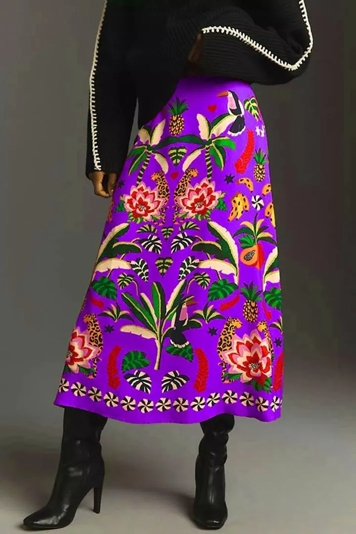 THLAI Womens Skirt Midi Skirt Tropical Plant Print Pink Zipper A-Line Long Skirts Spring Summer Skirt Floral