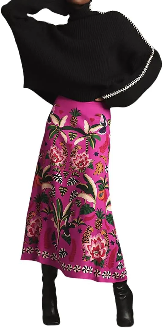 THLAI Womens Skirt Midi Skirt Tropical Plant Print Pink Zipper A-Line Long Skirts Spring Summer Skirt Floral