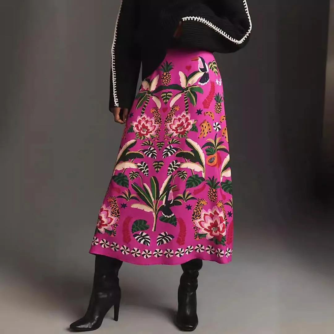 THLAI Womens Skirt Midi Skirt Tropical Plant Print Pink Zipper A-Line Long Skirts Spring Summer Skirt Floral