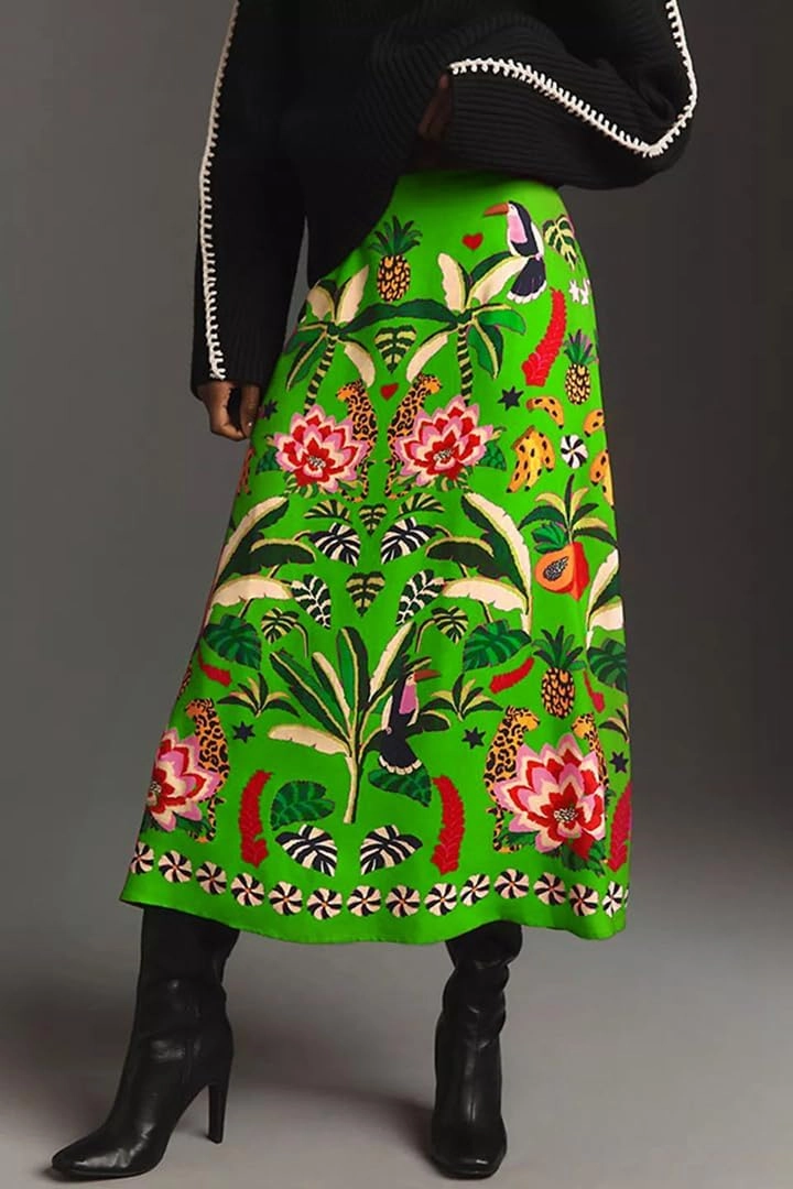 THLAI Womens Skirt Midi Skirt Tropical Plant Print Pink Zipper A-Line Long Skirts Spring Summer Skirt Floral