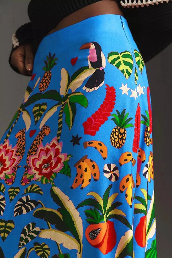 THLAI Womens Skirt Midi Skirt Tropical Plant Print Pink Zipper A-Line Long Skirts Spring Summer Skirt Floral