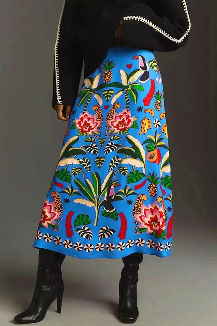 THLAI Womens Skirt Midi Skirt Tropical Plant Print Pink Zipper A-Line Long Skirts Spring Summer Skirt Floral