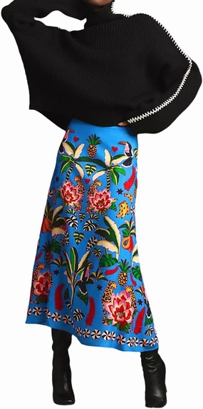 THLAI Womens Skirt Midi Skirt Tropical Plant Print Pink Zipper A-Line Long Skirts Spring Summer Skirt Floral