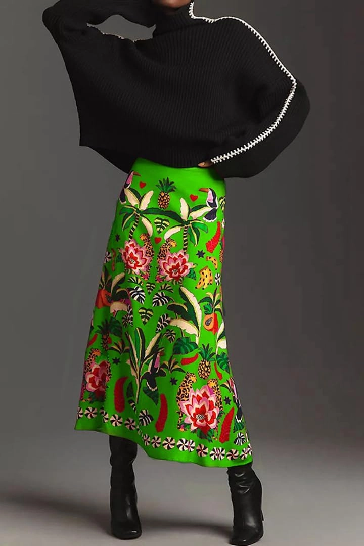 THLAI Womens Skirt Midi Skirt Tropical Plant Print Pink Zipper A-Line Long Skirts Spring Summer Skirt Floral