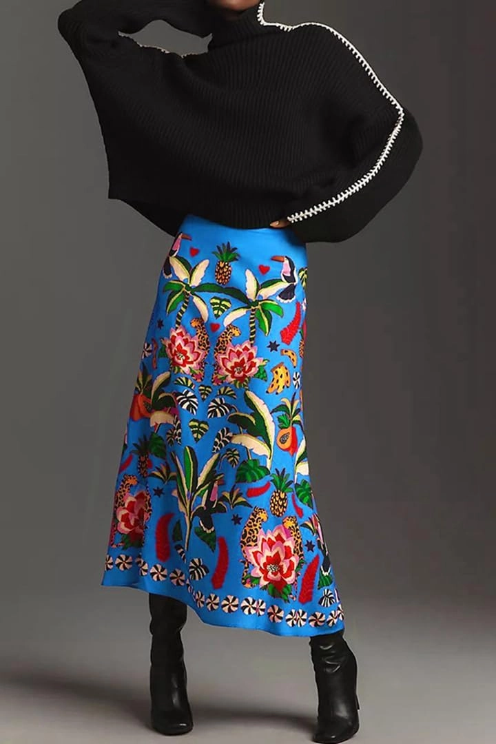 THLAI Womens Skirt Midi Skirt Tropical Plant Print Pink Zipper A-Line Long Skirts Spring Summer Skirt Floral