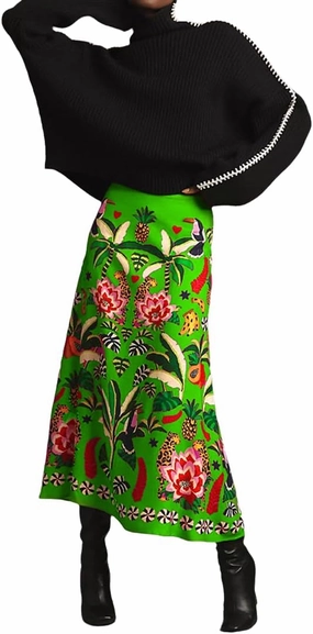THLAI Womens Skirt Midi Skirt Tropical Plant Print Pink Zipper A-Line Long Skirts Spring Summer Skirt Floral