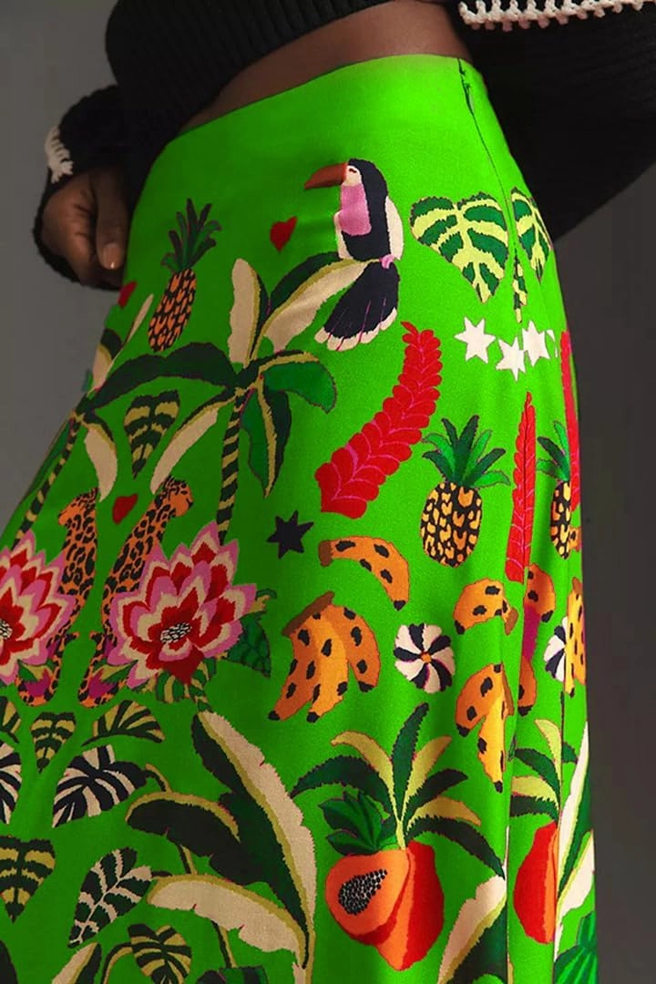 THLAI Womens Skirt Midi Skirt Tropical Plant Print Pink Zipper A-Line Long Skirts Spring Summer Skirt Floral