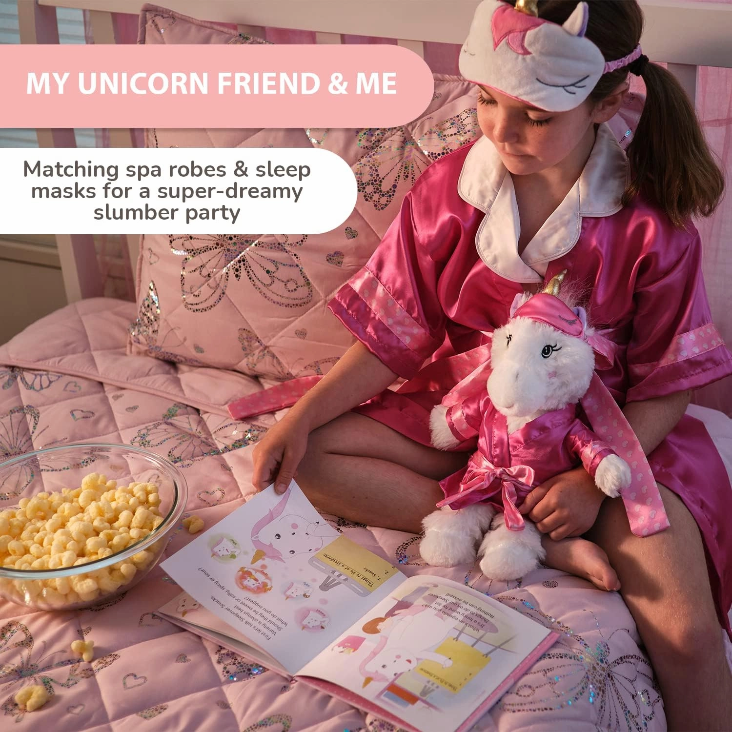Tickle & Main Unicorn Gifts for Girls Sleepover Set of 4, Includes Unicorns Storybook, Plush Stuffed Animal, Sleep Mask & Robe, 4 Years Old and Up