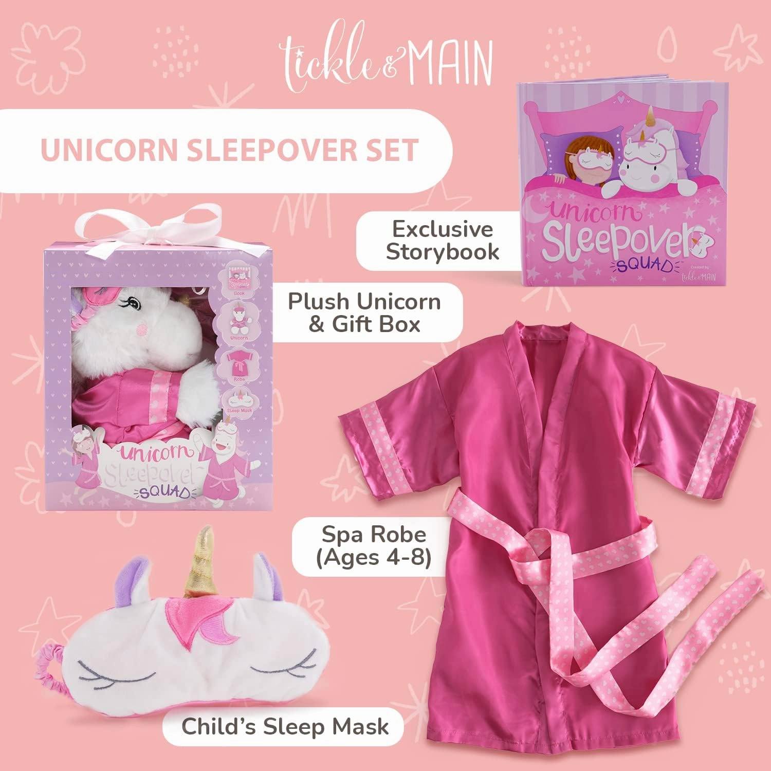 Tickle & Main Unicorn Gifts for Girls Sleepover Set of 4, Includes Unicorns Storybook, Plush Stuffed Animal, Sleep Mask & Robe, 4 Years Old and Up