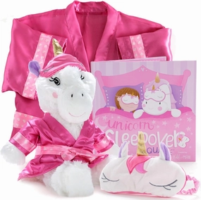 Tickle & Main Unicorn Gifts for Girls Sleepover Set of 4, Includes Unicorns Storybook, Plush Stuffed Animal, Sleep Mask & Robe, 4 Years Old and Up