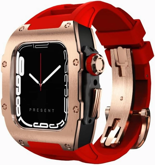 Titanium Alloy Rugged Case and Band for Apple Watch 45/44mm, Compatible with Apple Watch Series SE 9/8/7/6, Military-Grade Shockproof Bumper Case for iWatch Tactical Men's Modified Fashion Trend Band Gold Black-Series
