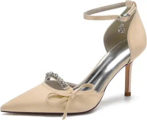 TNXZ Bridal Evening Party Dress Shoes Satin Ankle Strap Wedding Bride Party Shoes with Bow Glitter Rhinestone Closed Toe Wedding