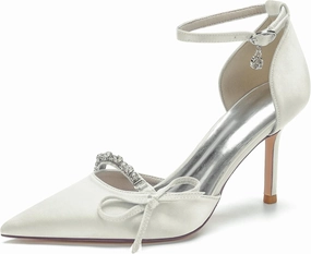 TNXZ Bridal Evening Party Dress Shoes Satin Ankle Strap Wedding Bride Party Shoes with Bow Glitter Rhinestone Closed Toe Wedding