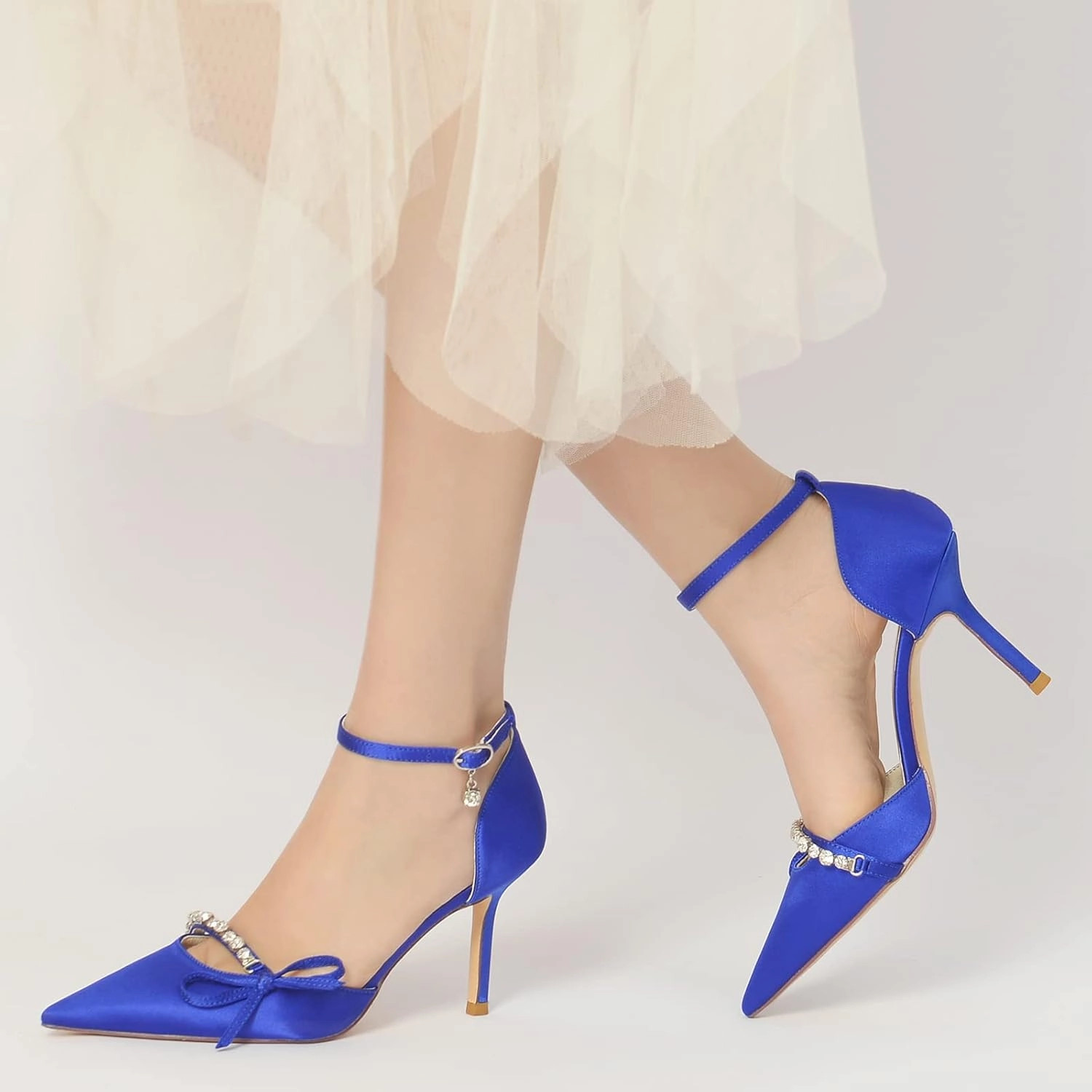 TNXZ Bridal Evening Party Dress Shoes Satin Ankle Strap Wedding Bride Party Shoes with Bow Glitter Rhinestone Closed Toe Wedding