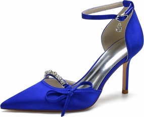 TNXZ Bridal Evening Party Dress Shoes Satin Ankle Strap Wedding Bride Party Shoes with Bow Glitter Rhinestone Closed Toe Wedding