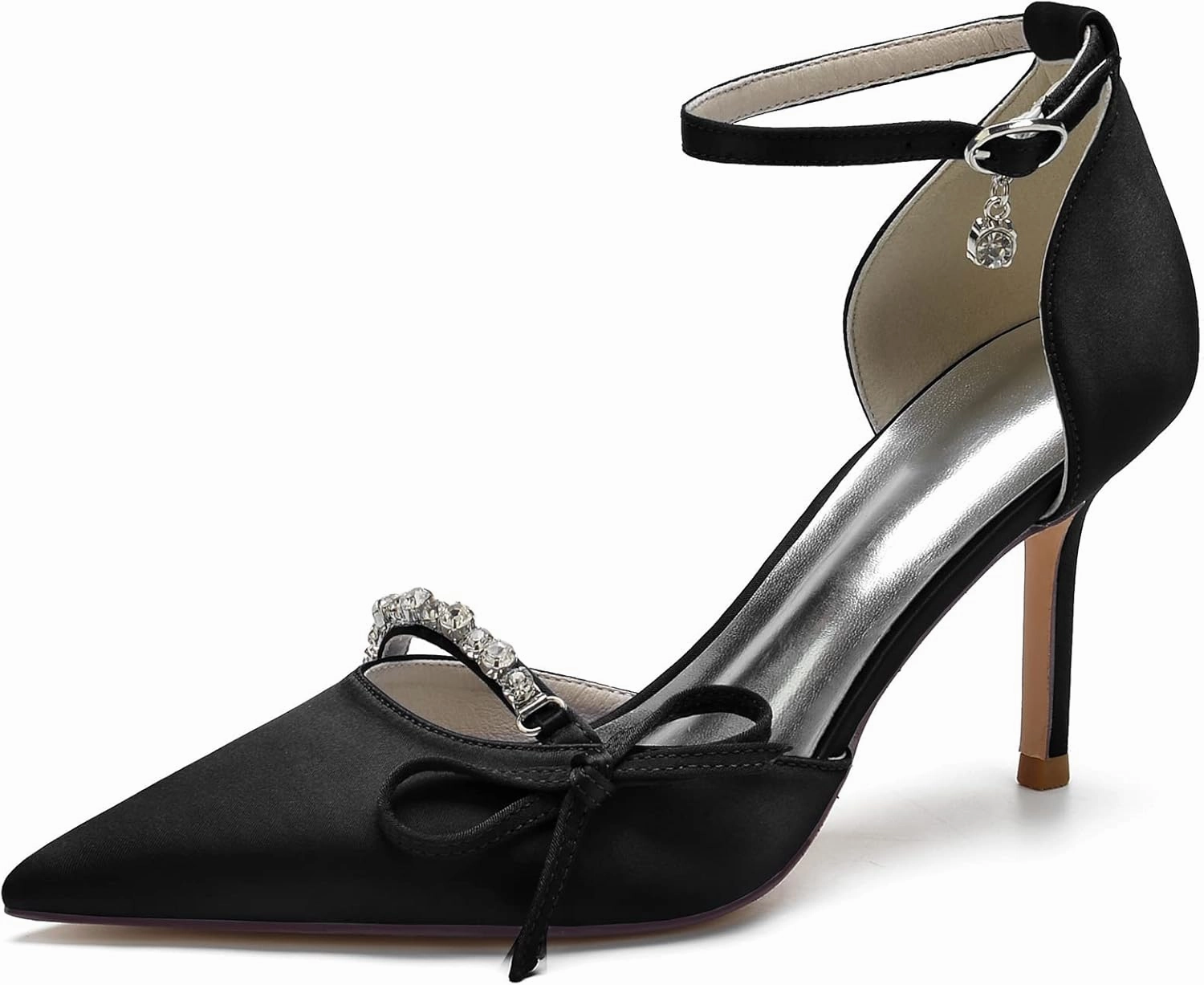 TNXZ Bridal Evening Party Dress Shoes Satin Ankle Strap Wedding Bride Party Shoes with Bow Glitter Rhinestone Closed Toe Wedding
