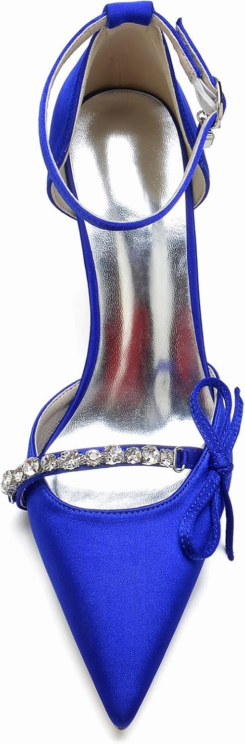 TNXZ Bridal Evening Party Dress Shoes Satin Ankle Strap Wedding Bride Party Shoes with Bow Glitter Rhinestone Closed Toe Wedding