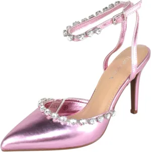 TOP Moda Shoes Women Stiletto High Heels Pointed-Toe Ankle Strap Bling Rhinestone Parson