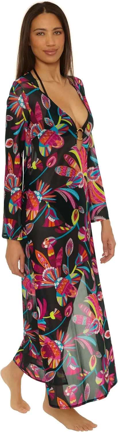 Trina Turk womens Fontaine Mesh Maxi Ring Dress, V-neck, Casual, Beach Cover Ups for Women