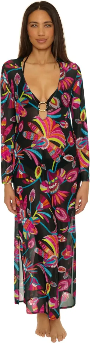 Trina Turk womens Fontaine Mesh Maxi Ring Dress, V-neck, Casual, Beach Cover Ups for Women