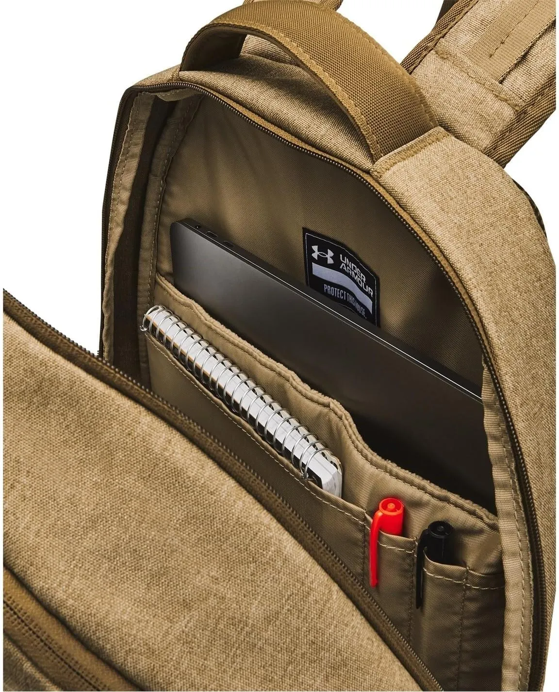 Under Armour Hustle 6.0 Pro Backpack, Coyote Brown Full Heather/Coyote/Metallic Gold, One Size Fits Most