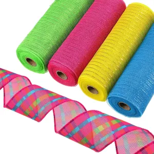 Unittype 5 Rolls Easter Poly Mesh Ribbons and Wired Edge Ribbons, 10 Inch x 10 yd Easter Metallic Mesh Ribbon 2.5 Inch x 10 yd Pink Easter Satin Plaid Ribbon for DIY Craft Basket Party Gift Decoration