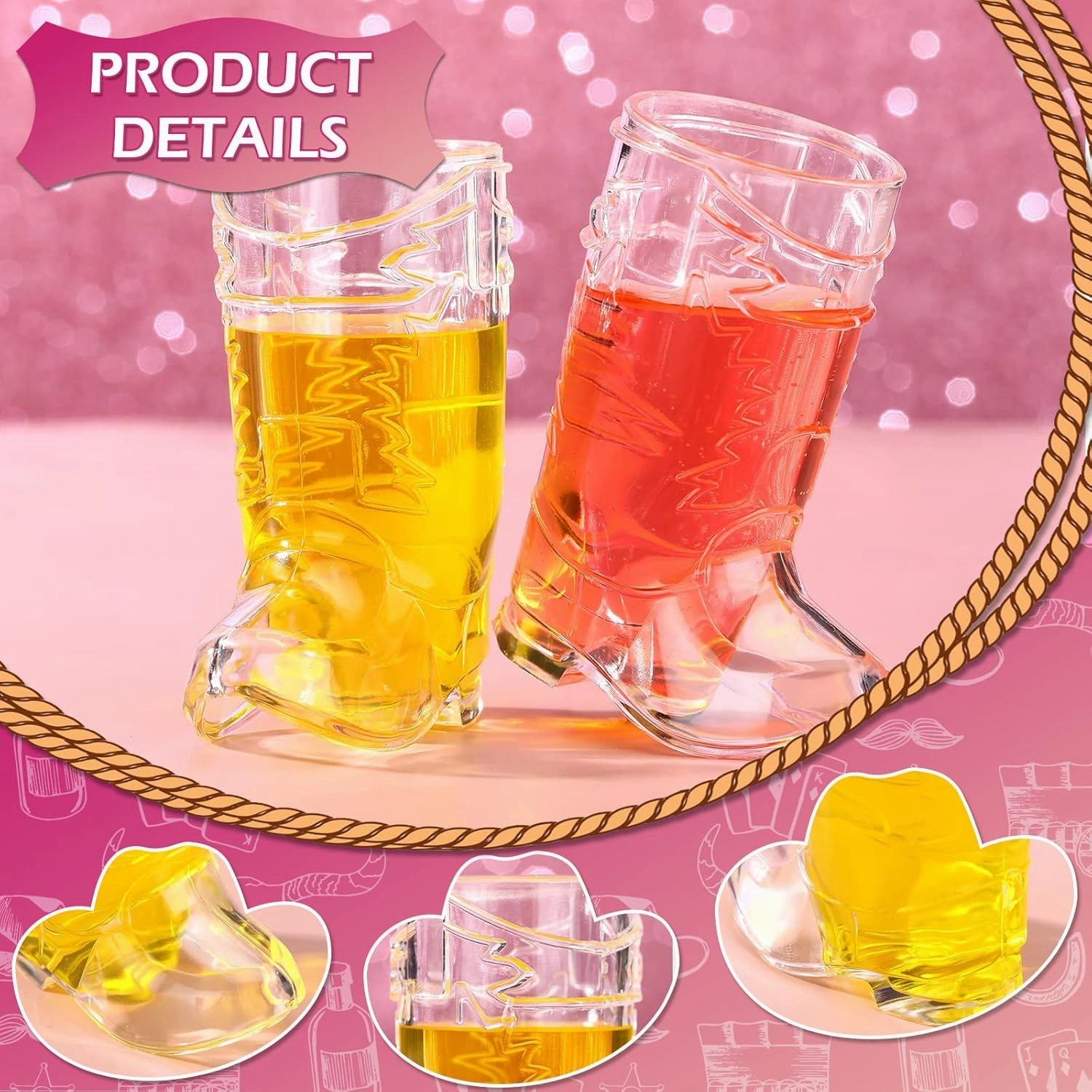 Vesici 20 Pcs Pink Mini Cowgirl Hats Western Tiny Glitter Cowboy Shot Glasses Decor Cute Space Cowgirl Hat Boot Shot Plastic Cowgirl Party Supplies Mugs for Dollhouse Decor Party Supplies