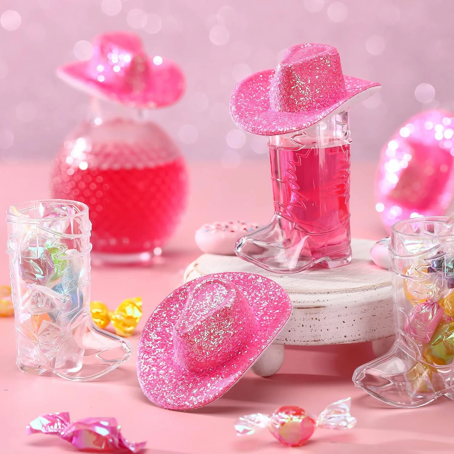 Vesici 20 Pcs Pink Mini Cowgirl Hats Western Tiny Glitter Cowboy Shot Glasses Decor Cute Space Cowgirl Hat Boot Shot Plastic Cowgirl Party Supplies Mugs for Dollhouse Decor Party Supplies