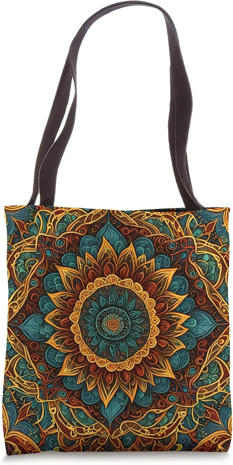 Vibrant Sunflower Mandala Bold Gold Blue Red Design Tote Bag