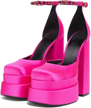 VIMISAOI Chunky Block Heels for Women Fashion Square Toe Ankle Strap Buckle Rhinestones Wedge Silk Satin High Platform Heels Dress Pumps Shoes Rose Red