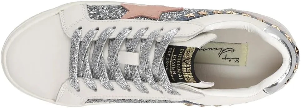 Vintage Havana Womens Bounce Metallic Glitter Lace Up Sneakers Shoes Casual - Pink, Silver, White
